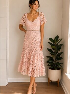 Lulus Blush‎ Pink Lace Mermaid Midi Dress NWT Size Medium